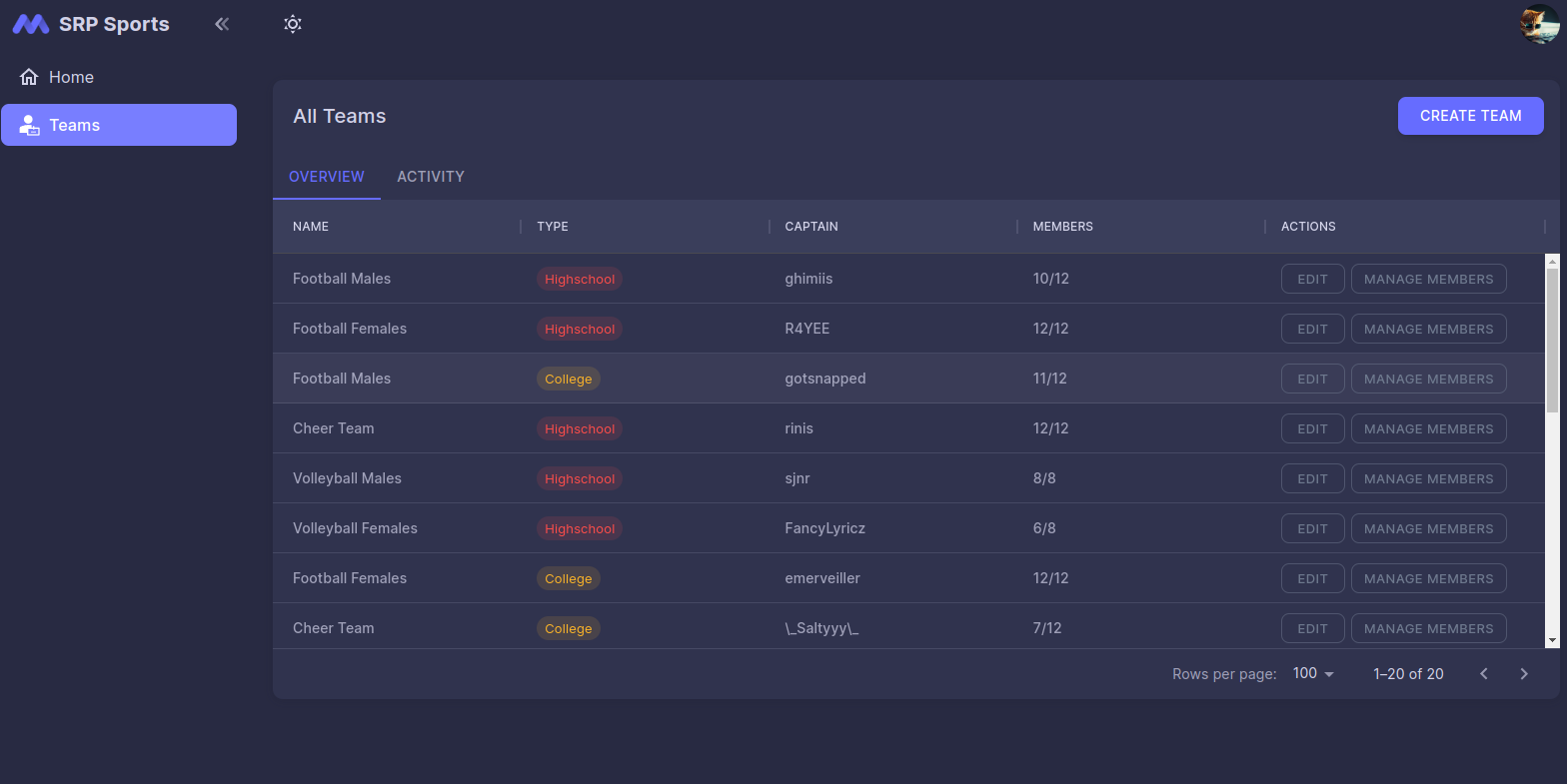 SchoolRP Sports Team Management Panel